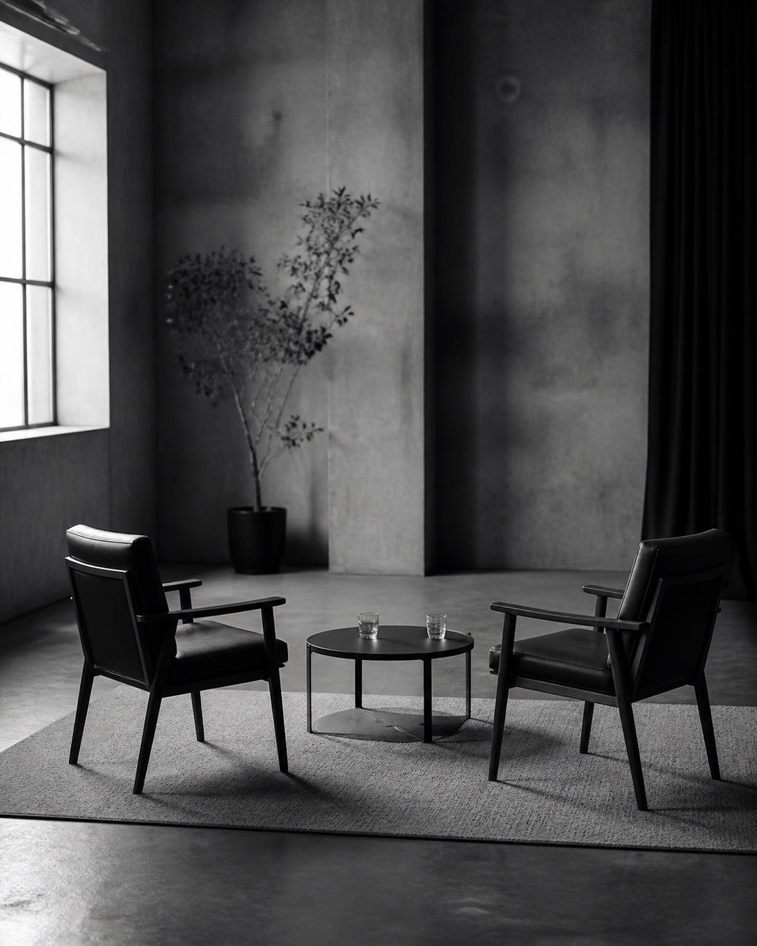 Two chairs set up for a recorded conversation in a quiet studio